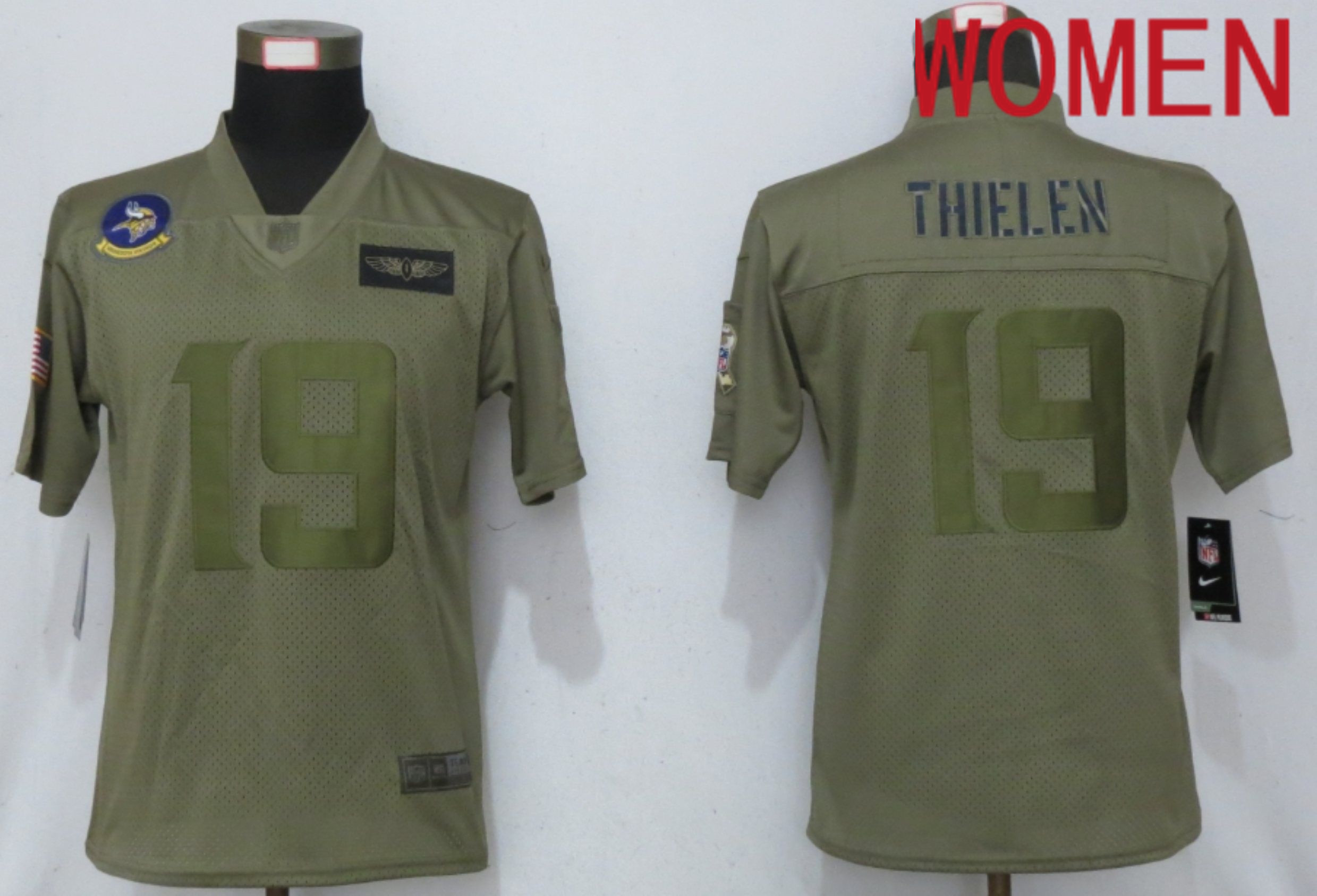 Women Minnesota Vikings #19 Thielen Nike Camo 2020 Salute to Service Elite Playe NFL Jersey